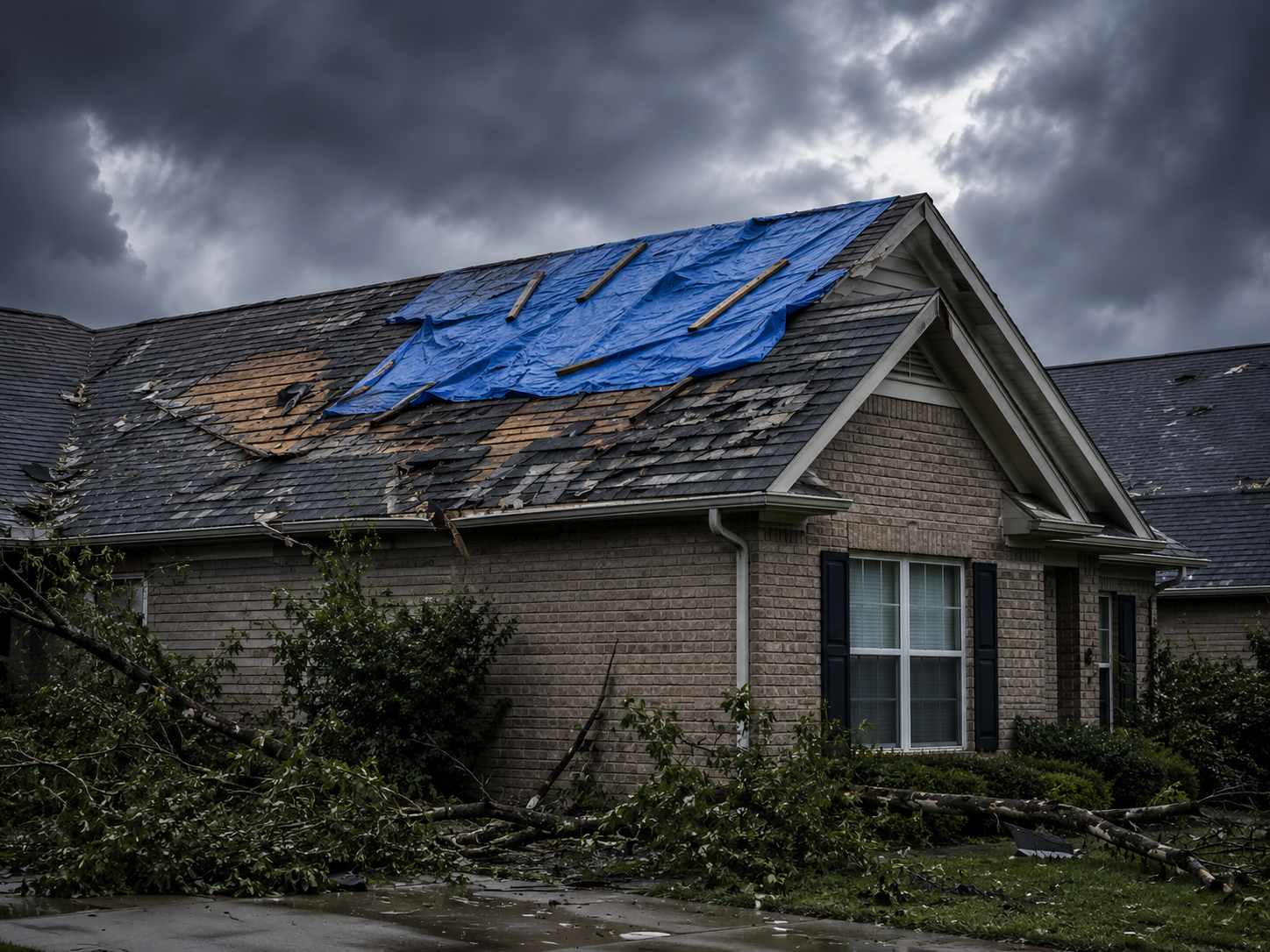 Storm damaged roof with blue tarp
